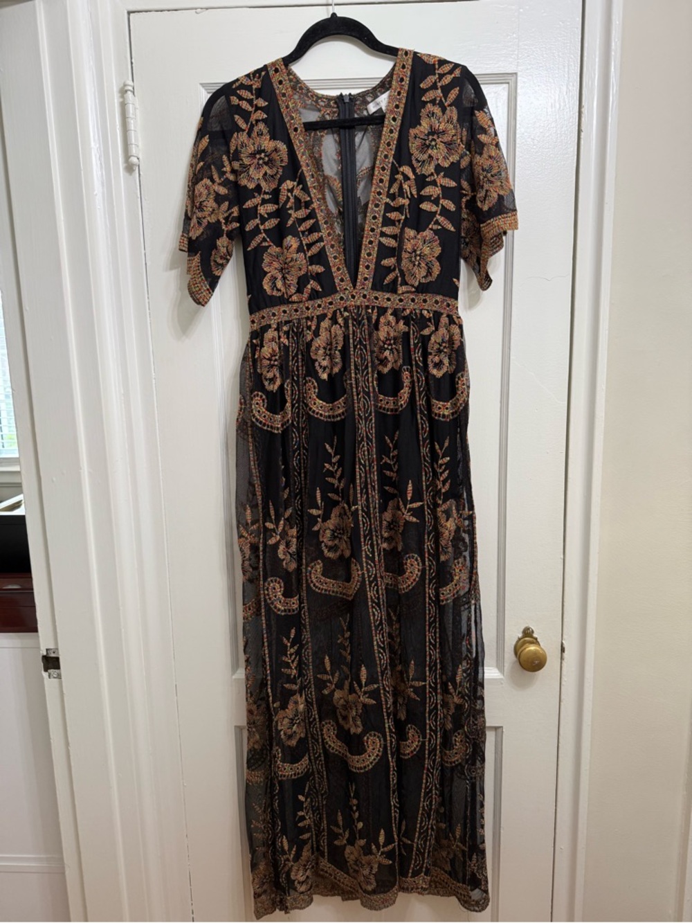 Black Mesh Floral Embroidered Maxi Dress with Romper - Women’s M